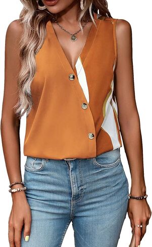 SOLY HUX Women's Color Block V Neck Button Front Sleeveless Tank Top Blouse in Saudi Arabia