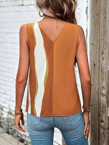 SOLY HUX Women's Color Block V Neck Button Front Sleeveless Tank Top Blouse in Saudi Arabia