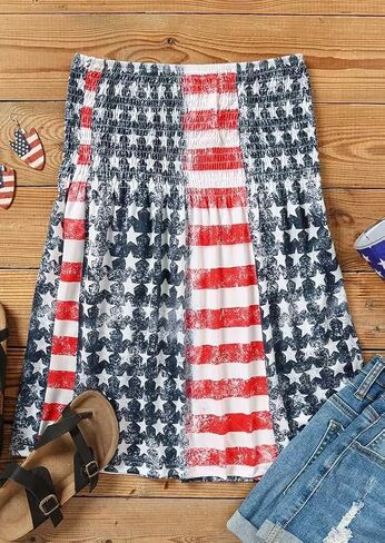 MHTOR العلم الأمريكي Smocked حمالة العصابة تانك المرأة 4th من يوليو بلا أكمام عادية مطوي Flowy المحاصيل تونك البلوزات in Kuwait