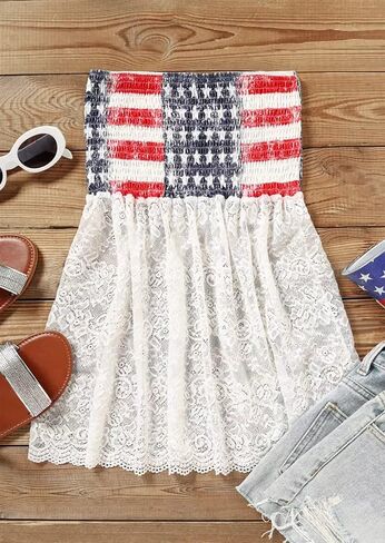 MHTOR العلم الأمريكي Smocked حمالة العصابة تانك المرأة 4th من يوليو بلا أكمام عادية مطوي Flowy المحاصيل تونك البلوزات in Kuwait