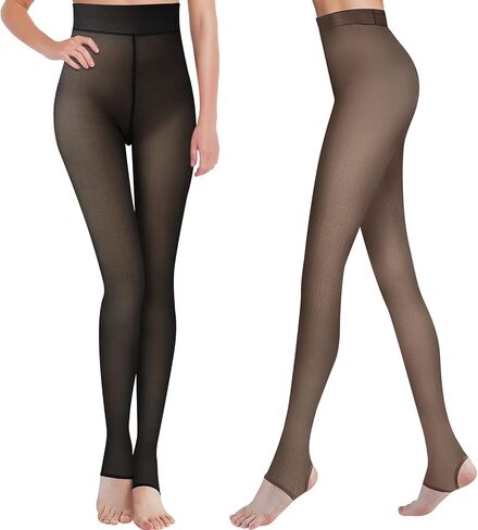 Geyoga 2 Pairs Fleece Lined Tights Women Fake Translucent Pantyhose Leggings Winter Warm Thick Tights Solid Colored Hosiery (Black, Bright Brown, 300g+300g) in Saudi Arabia