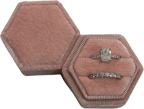 Double Slots Hexagon Velvet Ring Box Vintage Style Storage Box for Engagement Flat Lay & Wedding Ceremony Black in Kuwait