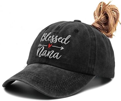 قبعة بيسبول للسيدات من Waldeal Blessed Nana مطرزة على شكل ذيل حصان قابلة للتعديل، باللون الأسود in Kuwait