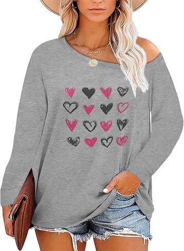 HDLTE قمصان عيد الحب مقاس كبير للنساء تي شيرت بأكمام طويلة ورسومات قلب الحب، مقاس XL-5XL in Kuwait