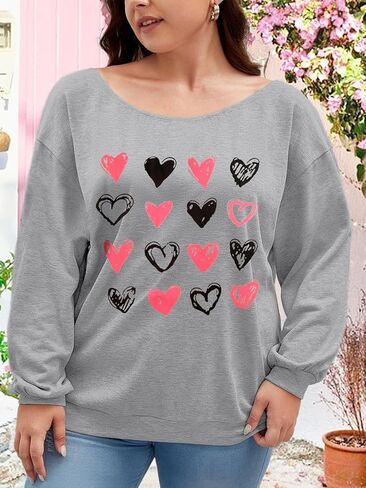 HDLTE قمصان عيد الحب مقاس كبير للنساء تي شيرت بأكمام طويلة ورسومات قلب الحب، مقاس XL-5XL in Kuwait