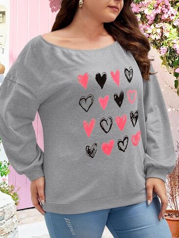 HDLTE قمصان عيد الحب مقاس كبير للنساء تي شيرت بأكمام طويلة ورسومات قلب الحب، مقاس XL-5XL in Kuwait