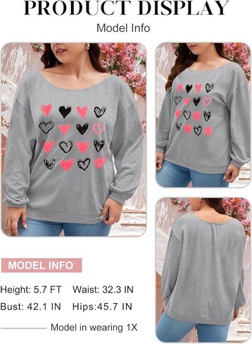 HDLTE قمصان عيد الحب مقاس كبير للنساء تي شيرت بأكمام طويلة ورسومات قلب الحب، مقاس XL-5XL in Kuwait