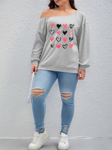 HDLTE قمصان عيد الحب مقاس كبير للنساء تي شيرت بأكمام طويلة ورسومات قلب الحب، مقاس XL-5XL in Kuwait