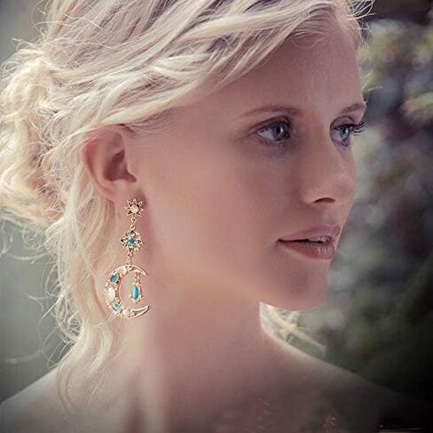 SMALLLOVE Sun and Crescent Moon Star Planet Dangle Drop Earrings for Women Girls Asymmetrical Vintage Bohemian Mismatched Rhinestone Design Gift Jewelry in Kuwait