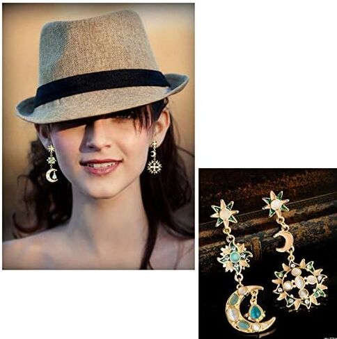 SMALLLOVE Sun and Crescent Moon Star Planet Dangle Drop Earrings for Women Girls Asymmetrical Vintage Bohemian Mismatched Rhinestone Design Gift Jewelry in Kuwait