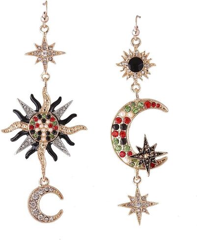 SMALLLOVE Sun and Crescent Moon Star Planet Dangle Drop Earrings for Women Girls Asymmetrical Vintage Bohemian Mismatched Rhinestone Design Gift Jewelry in Kuwait