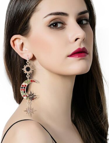 SMALLLOVE Sun and Crescent Moon Star Planet Dangle Drop Earrings for Women Girls Asymmetrical Vintage Bohemian Mismatched Rhinestone Design Gift Jewelry in Kuwait