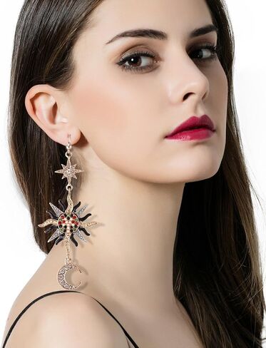 SMALLLOVE Sun and Crescent Moon Star Planet Dangle Drop Earrings for Women Girls Asymmetrical Vintage Bohemian Mismatched Rhinestone Design Gift Jewelry in Kuwait