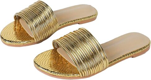 GORGLITTER Women's Metallic Straps Slip on Slides Cute Flat Sandals Dressy | Gold Sandals for Women Dressy, Slip on Sandals Women, Sandals Women Comfortable, Y2k Sandals, Slides in Saudi Arabia