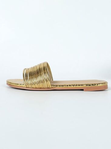 GORGLITTER Women's Metallic Straps Slip on Slides Cute Flat Sandals Dressy | Gold Sandals for Women Dressy, Slip on Sandals Women, Sandals Women Comfortable, Y2k Sandals, Slides in Saudi Arabia