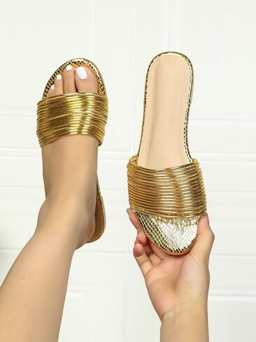 GORGLITTER Women's Metallic Straps Slip on Slides Cute Flat Sandals Dressy | Gold Sandals for Women Dressy, Slip on Sandals Women, Sandals Women Comfortable, Y2k Sandals, Slides in Saudi Arabia