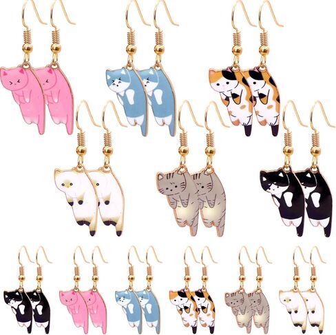 Cute Cat Dangle Earrings 12 Pairs Funny Cartoon Kitten Earrings Animals Print Cat Lovers Sets for Women Girls Vacation Valentine Jewelry Gifts Cat Birthday Party Supplies Favors Classroom Rewards in Kuwait