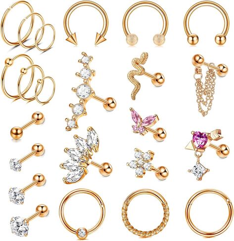 THUNARAZ 23 قطعة من حلق الغضروف للنساء من الفولاذ المقاوم للصدأ أقراط على شكل فراشة ثعبان تشيكوسلوفاكيا وأقراط على شكل أريكة وطوق تراغوس هيليكس مجموعة مجوهرات ثقب 16 جرام in Kuwait