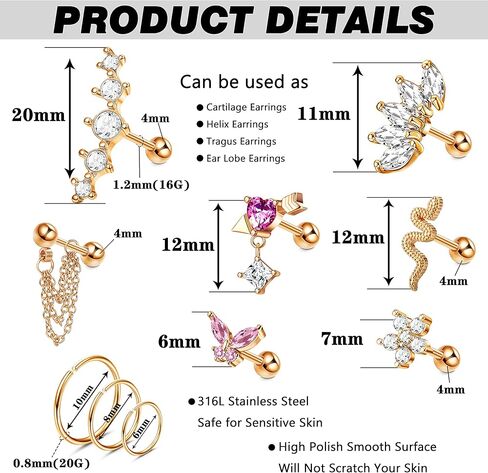 THUNARAZ 23 قطعة من حلق الغضروف للنساء من الفولاذ المقاوم للصدأ أقراط على شكل فراشة ثعبان تشيكوسلوفاكيا وأقراط على شكل أريكة وطوق تراغوس هيليكس مجموعة مجوهرات ثقب 16 جرام in Kuwait