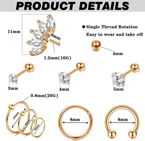 THUNARAZ 23 قطعة من حلق الغضروف للنساء من الفولاذ المقاوم للصدأ أقراط على شكل فراشة ثعبان تشيكوسلوفاكيا وأقراط على شكل أريكة وطوق تراغوس هيليكس مجموعة مجوهرات ثقب 16 جرام in Kuwait