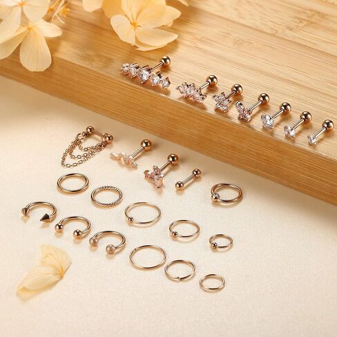 THUNARAZ 23 قطعة من حلق الغضروف للنساء من الفولاذ المقاوم للصدأ أقراط على شكل فراشة ثعبان تشيكوسلوفاكيا وأقراط على شكل أريكة وطوق تراغوس هيليكس مجموعة مجوهرات ثقب 16 جرام in Kuwait