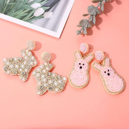 2 Pairs Easter Earrings for Women Beaded Easter Egg Bunny Earrings Letter HAPPY EASTER Earrings Cute Rabbit Dangle Earrings Spring Holiday Jewelry Gifts in Saudi Arabia