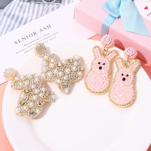 2 Pairs Easter Earrings for Women Beaded Easter Egg Bunny Earrings Letter HAPPY EASTER Earrings Cute Rabbit Dangle Earrings Spring Holiday Jewelry Gifts in Saudi Arabia