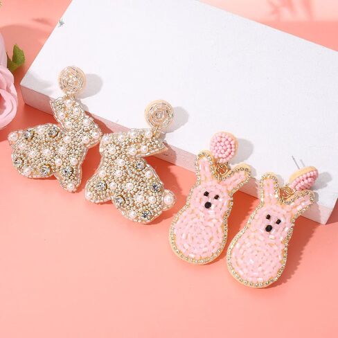 2 Pairs Easter Earrings for Women Beaded Easter Egg Bunny Earrings Letter HAPPY EASTER Earrings Cute Rabbit Dangle Earrings Spring Holiday Jewelry Gifts in Saudi Arabia