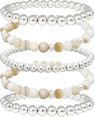 PLOJOP الذهب مطرز سوار مجموعة للنساء 14K الحجر الطبيعي تكويم سوار مطلي حبة الكرة تمتد سوار مجموعة الحد الأدنى مجوهرات هدايا in Kuwait