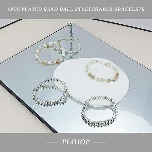 PLOJOP الذهب مطرز سوار مجموعة للنساء 14K الحجر الطبيعي تكويم سوار مطلي حبة الكرة تمتد سوار مجموعة الحد الأدنى مجوهرات هدايا in Kuwait