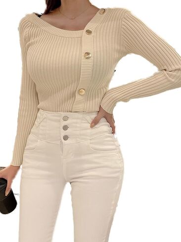 بلوفر نسائي من Floerns بأكمام طويلة وأزرار غير متماثلة ورقبة مضلعة in Kuwait