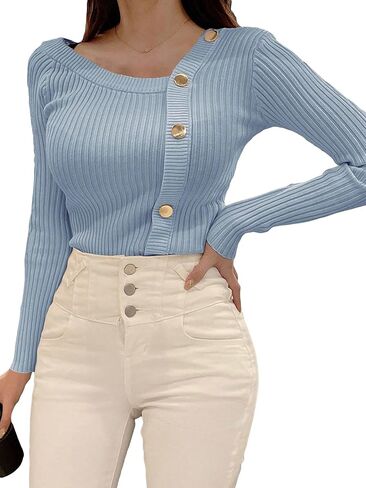 بلوفر نسائي من Floerns بأكمام طويلة وأزرار غير متماثلة ورقبة مضلعة in Kuwait