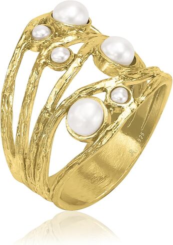 خواتم من الذهب عيار 14 قيراط فوق الفضة الاسترليني مع 2 مم و4 مم من سلك لؤلؤ المياه العذبة ملفوف متعدد الخيوط، خواتم ذهبية أنيقة، هدايا للنساء، مجوهرات جمالية، خواتم للنساء، مجوهرات للنساء in Kuwait