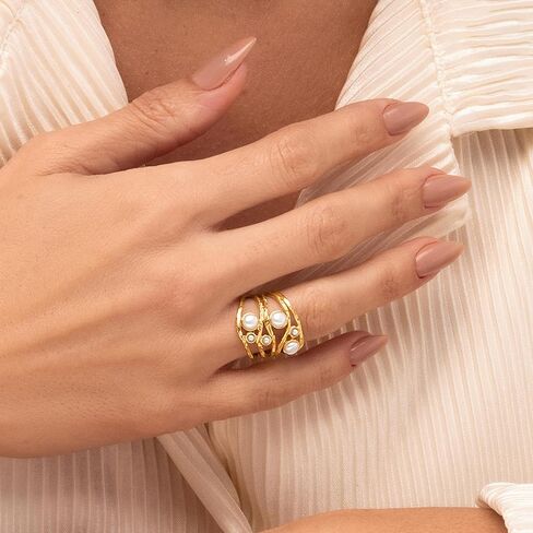 خواتم من الذهب عيار 14 قيراط فوق الفضة الاسترليني مع 2 مم و4 مم من سلك لؤلؤ المياه العذبة ملفوف متعدد الخيوط، خواتم ذهبية أنيقة، هدايا للنساء، مجوهرات جمالية، خواتم للنساء، مجوهرات للنساء in Kuwait