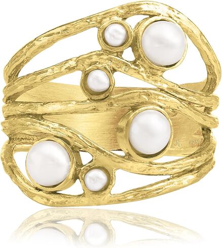 خواتم من الذهب عيار 14 قيراط فوق الفضة الاسترليني مع 2 مم و4 مم من سلك لؤلؤ المياه العذبة ملفوف متعدد الخيوط، خواتم ذهبية أنيقة، هدايا للنساء، مجوهرات جمالية، خواتم للنساء، مجوهرات للنساء in Kuwait