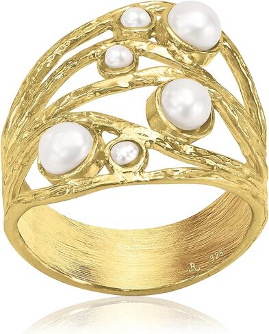 خواتم من الذهب عيار 14 قيراط فوق الفضة الاسترليني مع 2 مم و4 مم من سلك لؤلؤ المياه العذبة ملفوف متعدد الخيوط، خواتم ذهبية أنيقة، هدايا للنساء، مجوهرات جمالية، خواتم للنساء، مجوهرات للنساء in Kuwait