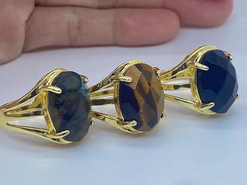 خاتم بيضاوي الشكل دائري الشكل من الحجر الطبيعي قابل للتعديل للنساء من الأحجار الكريمة والكريستال العلاجي ومجوهرات الزفاف والخطوبة والذكرى السنوية وهدية عيد الميلاد in Kuwait