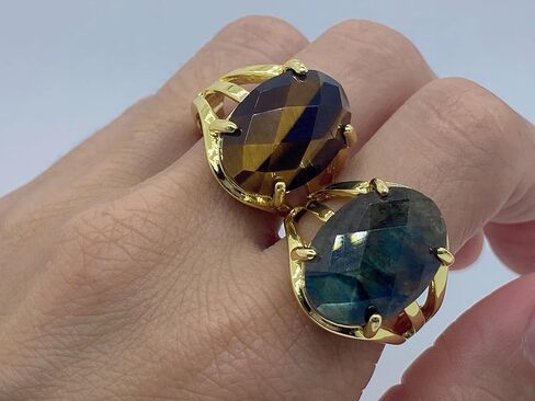 خاتم بيضاوي الشكل دائري الشكل من الحجر الطبيعي قابل للتعديل للنساء من الأحجار الكريمة والكريستال العلاجي ومجوهرات الزفاف والخطوبة والذكرى السنوية وهدية عيد الميلاد in Kuwait