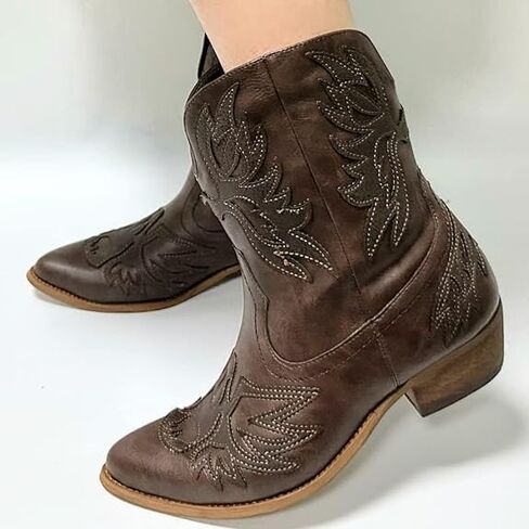 حذاء نسائي للكاحل حذاء راعية البقر الغربية حذاء كاوبوي بكعب منخفض حذاء بمقدمة مدببة حذاء بني أنيق in Kuwait