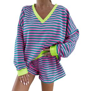 Tankaneo Womens 2 Piece Striped Outfits Casual V Neck Long Sleeve Oversized Sweatshirt and Drawstring Shorts Matching Sets