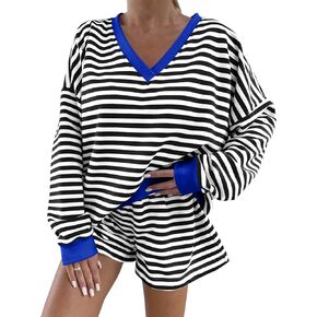 Tankaneo Womens 2 Piece Striped Outfits Casual V Neck Long Sleeve Oversized Sweatshirt and Drawstring Shorts Matching Sets
