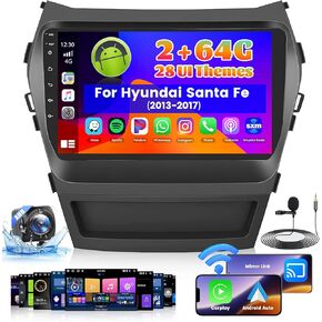 ترقية راديو Roinvou 8 النوى 4+64G Android لسيارة Hyundai Santa Fe 2013-2017، شاشة لمس عالية الدقة مقاس 9 بوصات مع CarPlay اللاسلكي Android Auto GPS Navigation WiFi Backup Camera Mirror Link Bluetooth Mic RDS