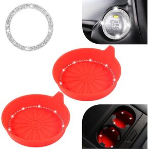 2PCS Car Cup Coasters, 1PCS Car Bling Crystal Engine Start Ring, Car Coasters for Cup Holders, Car Cup Holder Coaster, Push Start Button Cover, Pushbutton Switches, Car Accessories for Women, NEYEUCI