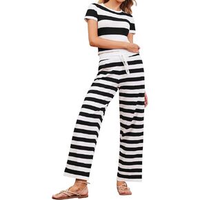 Womens 2 Piece Outfits Striped Sweaters Set Short Sleeve Croped Tops Wide Leg Pants Sets Lounge Set Matching Clothing