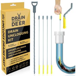 Drain Snake Hair Drain Clog Remover Kit, Includes 1 Barbed Drain Snake, 5 Refill Wands and Removable Handle - Snake Drain Hair Removal Tool for Bathroom, Shower, Bathtub and Kitchen Sink