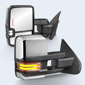 Pair Chrome Power Heated Towing Mirrors Compatible with 07-13 Chevy Silverado Suburban Tahoe GMC Serria Yukon w/Sequential Turn light,Running Light,Clearance Lamp