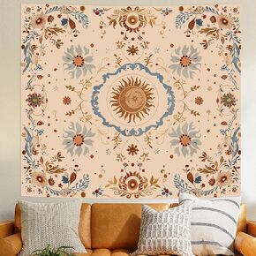 Honcet Boho Moon Mandala Floral Tapestry for Bedroom, Bohemian Wall Decor Nature Plant Flower Cute Tapestry, Beige White Sun Moon Floral Botanical Tapestry Decor for Living Room 51'' × 60''