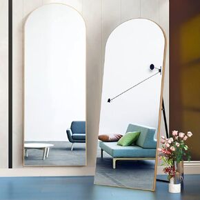 NeuType Arched Full Length Mirror, Large Arched Wall Mirror Floor Mirror with Stand, Full Body Dressing Mirrors Standing Hanging or Leaning Against Wall, Arched-Top Wood Thin Frame 65"x22", Gold