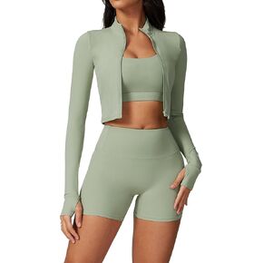 Workout Sets for Women 3 Piece High Waisted Seamless Shorts Crop Top Jacket Gym Yoga Outfit Stretchy Sports Bra Sets