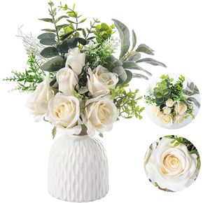 Artificial Flowers with Vase,Artificial Silk Roses in Vase Spring Flower Arrangement Realistic Flowers for Vase Fake Roses Flowers for Home Office Indoor Table Decoration(White)